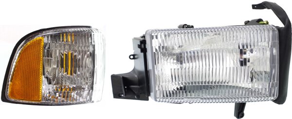 Headlight Assembly for Dodge Full Size Pickup 1994-2002, Right (Passenger), Halogen, 2-Piece Kit with Corner Light, Replacement