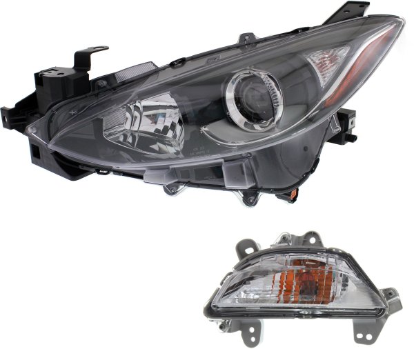 Headlight Assembly for Mazda 3 Sport/Mazda 3 2014-2016, Left (Driver) Halogen, 2-Piece Kit with Turn Signal Light, Replacement