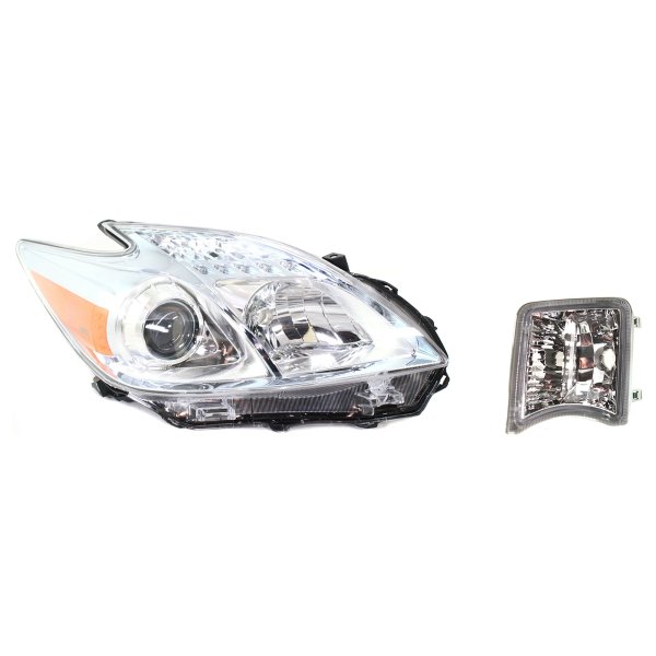 Headlight without Bulb for Toyota Prius 2010-2011, Right (Passenger) Side, 2-Piece Kit with Turn Signal Light, Replacement