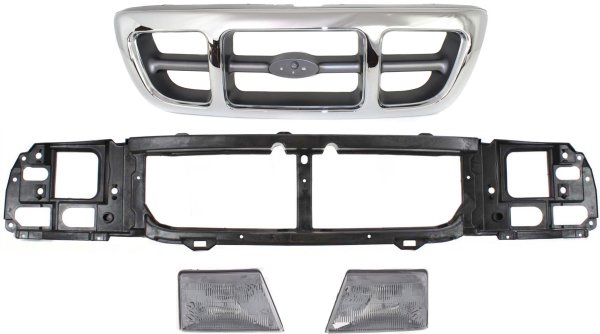 4-Piece Grille Kit for 1998-2000 Ford Ranger, Includes Front-Wheel Drive Header Panel and Headlights, Replacement