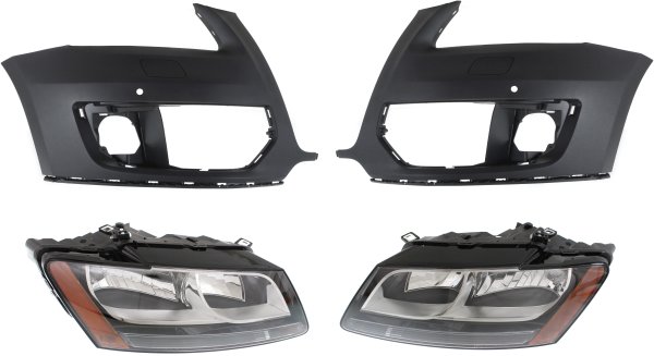 Headlight Assembly for Audi Q5 2009-2012, Right (Passenger) and Left (Driver), Halogen, 4-Piece kit with Bumper Covers, Replacement