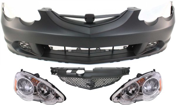 Front Bumper Cover for 2002-2004 RSX, 4-Piece Kit with Grille Insert and Headlights, Replacement