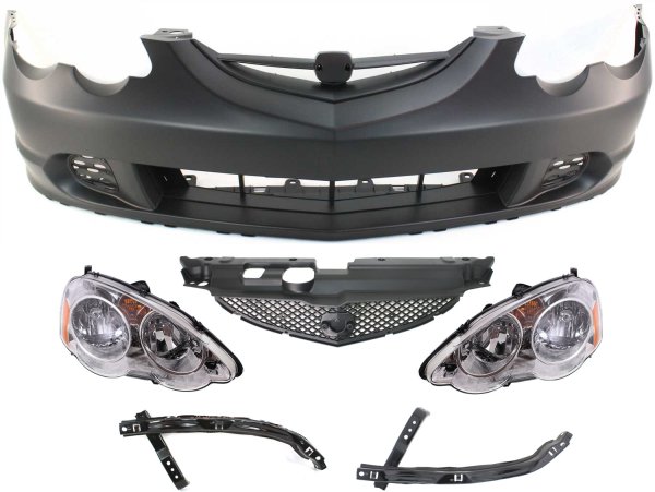 Front Bumper Cover Kit for RSX 2002-2004, 6-Piece with Grille Insert, Bumper Brackets and Headlights, Replacement