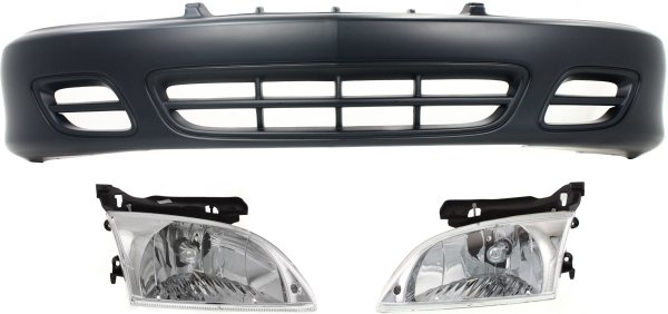Front Bumper Cover for 2000-2002 Chevrolet Cavalier, 3-Piece Kit with Headlights, Replacement