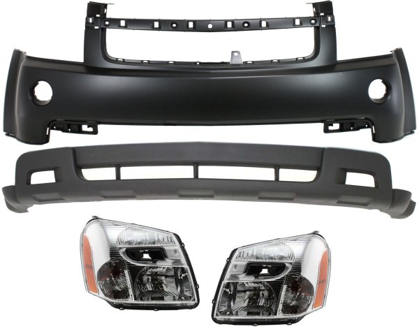 Front Bumper Cover Upper and Lower for Chevrolet Equinox 2007-2009, 4-Piece Kit with Headlights, Replacement