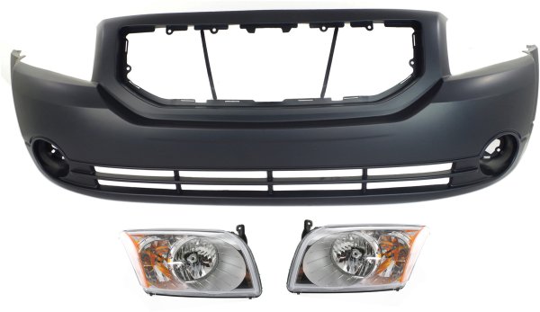 Front Bumper Cover Kit for Dodge Caliber 2007-2012, 3-Piece with Headlights, Replacement