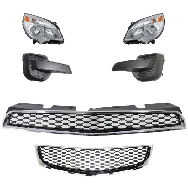 Headlight Assembly Kit for Chevrolet Equinox (2010-2015), 6-Piece, Right (Passenger) and Left (Driver), Halogen, with Bumper Grille, Fog Light Cover, Grille Assembly, Replacement