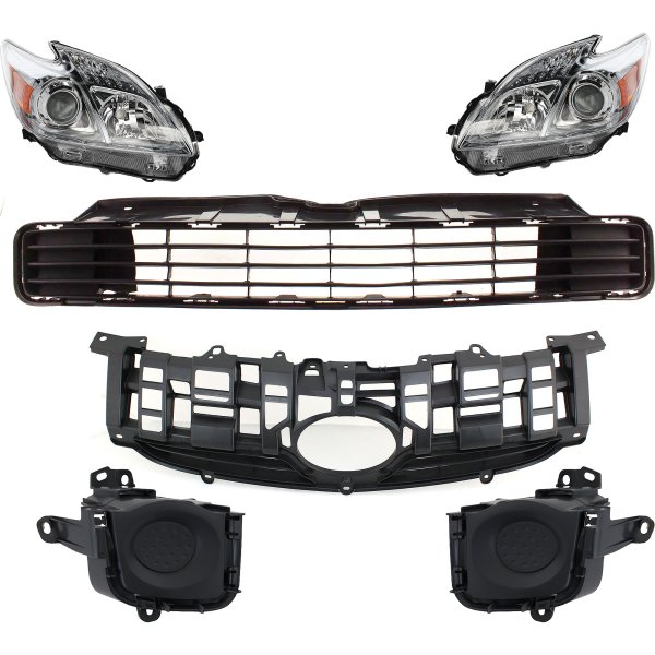 Headlight Kit for 2010-2011 Toyota Prius, Right (Passenger) and Left (Driver), 6-Piece with Lens, Housing, Halogen, Bumper Grille, Fog Light Cover and Grille Assembly Replacement