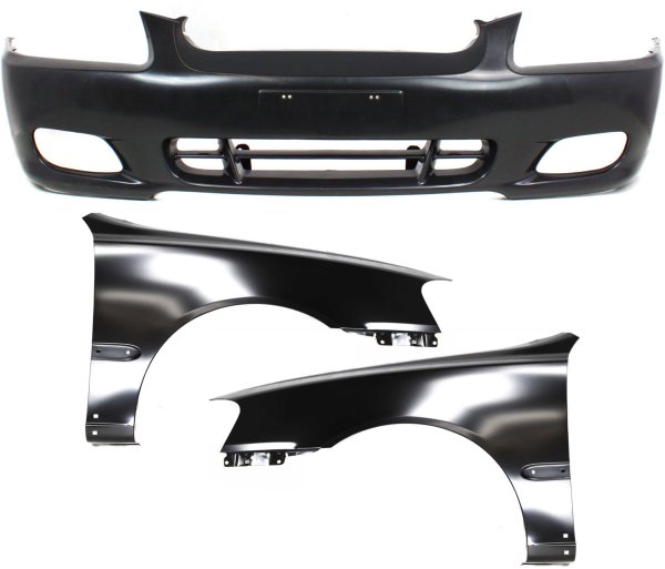 Front Bumper Cover Kit for 2000-2002 Hyundai Accent, 3-Piece Kit Includes Fender, Replacement