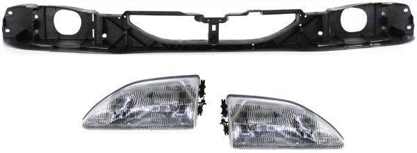 Headlight Assembly for Ford Mustang 1994-1998, Right (Passenger) and Left (Driver), Halogen, 3-Piece Kit with Header Panel, Replacement