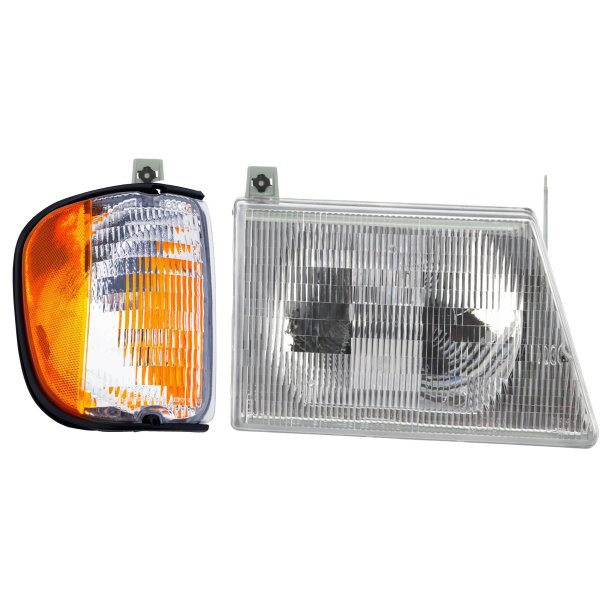 Headlight Assembly for Ford Econoline 1997-2003, Right (Passenger) Side, Halogen, 2-Piece Kit With Corner Light, Replacement