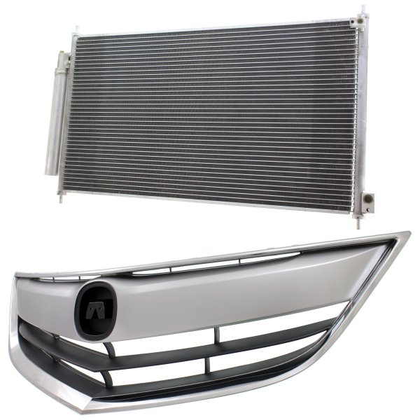 Grille Kit for 2013-2015 ILX, 2-Piece Chrome Shell/Painted Black Insert with Chrome Upper Bar, Includes A/C Condenser, Replacement