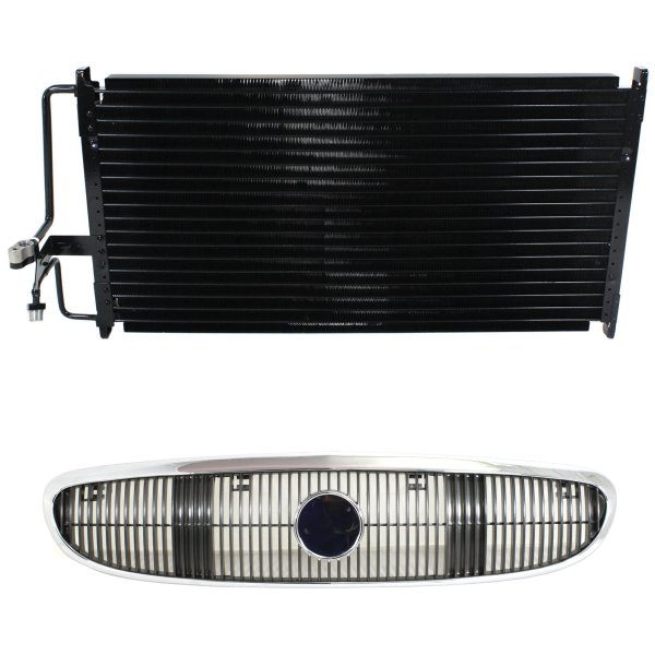 Grille Kit for 2003-2005 Buick Century, 2-Piece Chrome Shell with Painted Silver-Black Insert, Plastic, Includes A/C Condenser Replacement