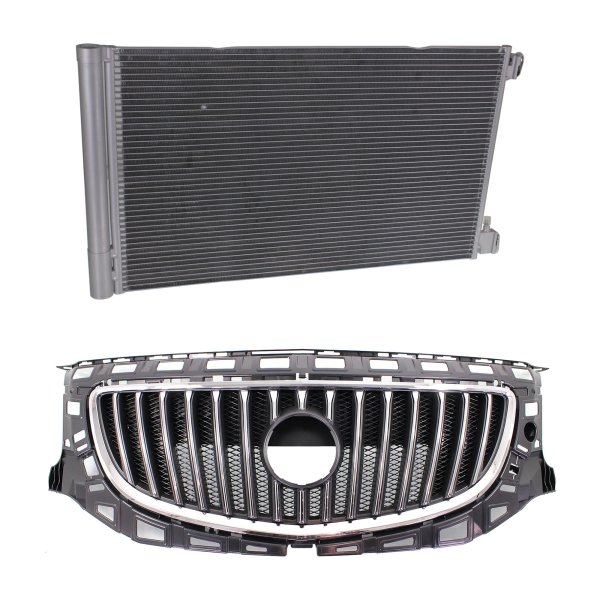 2-Piece Kit Grille for 2011 BUICK REGAL, Chrome Shell with Painted Black Insert, Plastic, Includes Air Conditioning Condenser Replacement