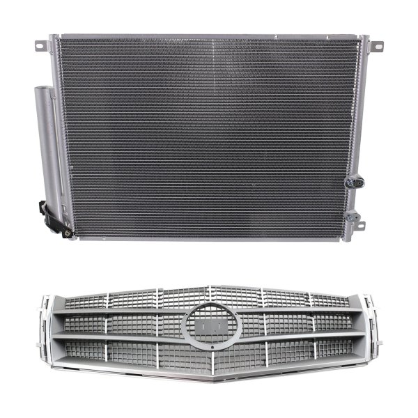 Grille Kit for 2008-2011 Cadillac CTS, 2-Piece Chrome Shell with Painted Silver Gray Insert, ABS Plastic, Includes A/C Condenser, Replacement