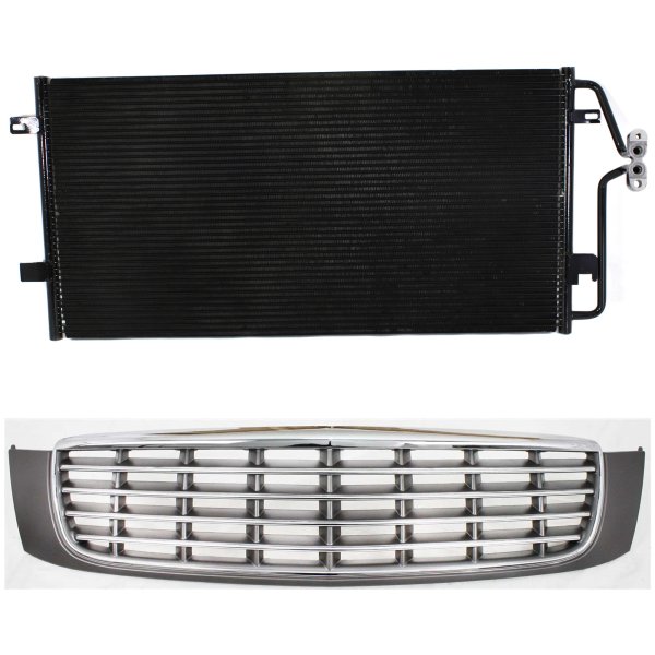 2-Piece Grille Kit for 2000-2005 CADILLAC DEVILLE, Chrome Shell/Painted Gray Plastic Insert, with Air Conditioning Condenser, Replacement