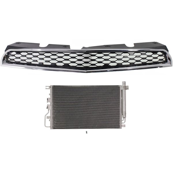 2-Piece Grille Kit for 2010-2015 Chevrolet Equinox, Upper Position, Chrome Shell with Painted Black Insert, Includes A/C Condenser Replacement