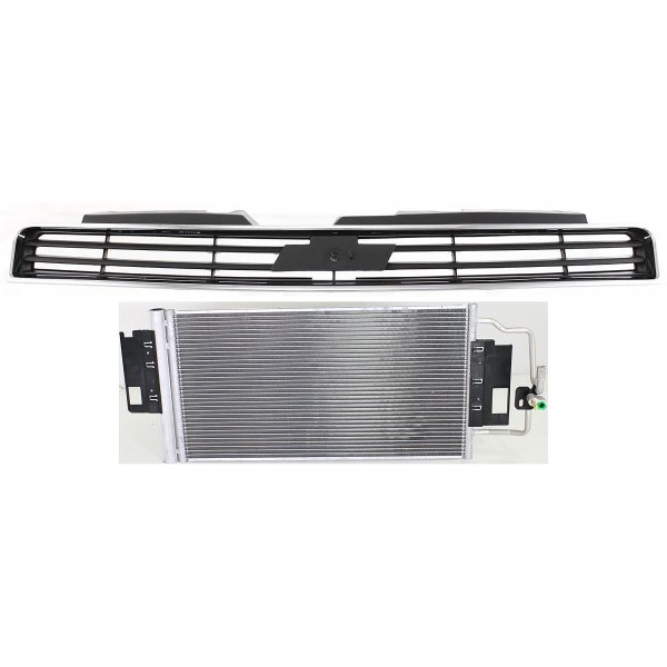 Upper Grille 2-Piece Kit for 2006-2009 Chevrolet Impala, Chrome Shell with Dark Gray Insert, Includes Air Conditioning Condenser, Replacement