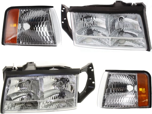 Headlight Assembly Kit for 1997-1999 Cadillac DeVille, Right (Passenger) and Left (Driver), Halogen, 4-Piece with Corner Lights, Replacement