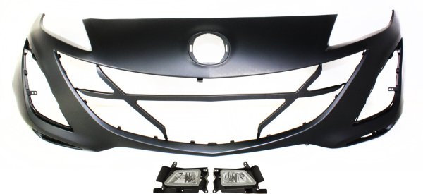 Front Bumper Cover for 2010-2011 Mazda 3, 3-Piece Kit with Fog Lights, Replacement