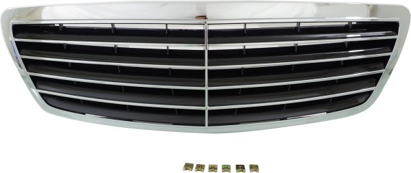 Grille for Mercedes-Benz S-Class 2003-2006, Chrome Shell/Painted Black Insert, without Collision Warning System, Replacement