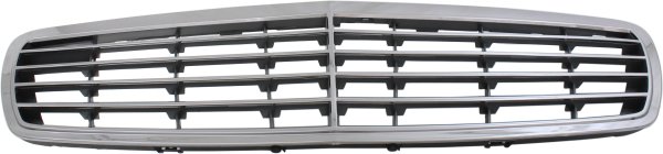 Grille for Mercedes-Benz E-Class 2003-2006, Sedan/Wagon, Plastic Chrome Shell with Silver Insert, 9-Molding, Without Proximity Cruise Control, Elegance Package, Replacement