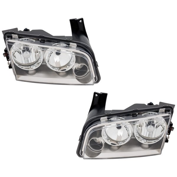 Headlight for Dodge Charger 2007-2010, Right (Passenger) and Left (Driver), Lens and Housing, Halogen, Clear Lens, From November 8, 2006, 2-Piece, Replacement