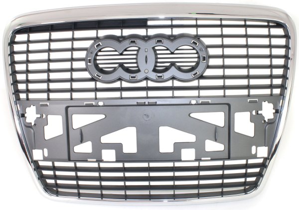 Grille for Audi A6 Quattro 2005-2008, Chrome Shell with Painted Silver-Black Insert, Without Park Distance Sensors and Sport Package, Replacement