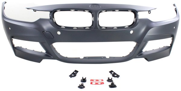 Front Bumper Cover for BMW 3-Series (2013-2019), Primed (Ready to Paint), with M Sport Line, without Headlight Holes, with Parking Distance Control, Intelligent Park Assist System, Camera, Sedan/Wagon Models (2013-2018), Replacement