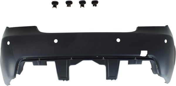 Rear Bumper Cover for BMW 5-Series 2004-2010, Sedan, Primed (Ready to Paint), with M Package, with Parking Distance Control Sensor Holes, Replacement Models: 520i, 525i, 530i, 535i, 540i, 545i, 550i.