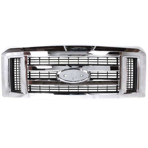 Grille for 2008-2021 Econoline Van, Plastic Chrome Shell with Painted Gray Insert, Excluding Stripped Chassis Model, Replacement