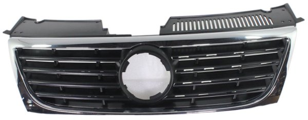 Grille for Volkswagen Passat 2006-2010, Chrome Shell with Black Insert, Without Park Assist System and Park Distance Control Holes, without Chrome Insert Molding, Replacement