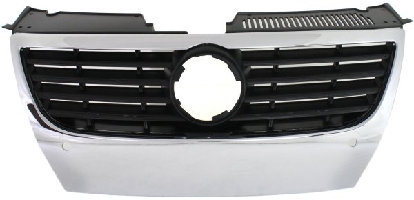 Chrome Shell/Black Insert Grille for Volkswagen Passat 2006-2010, without Passenger Airbag Sensor Holes and Chrome Insert Molding, with Park Distance Control Holes, Replacement