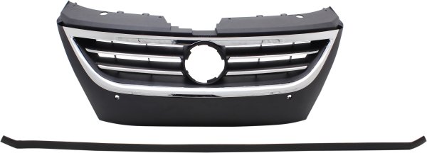 Grille for Volkswagen CC 2009-2012, Passat CC 2009-2010, Primed (Ready to Paint) Black Shell and Insert, with Chrome Molding, with Distance Sensor Hole, Replacement
