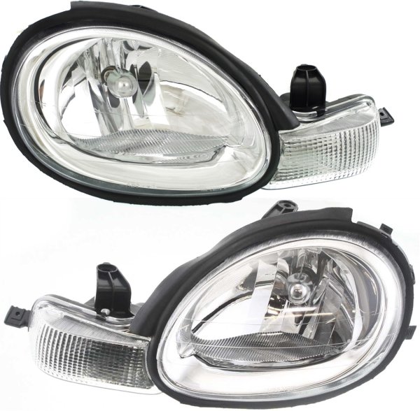 Headlight Assembly Pair/Set for 2000-2002 Neon, Right (Passenger) and Left (Driver), Halogen Light with Chrome Interior, Replacement