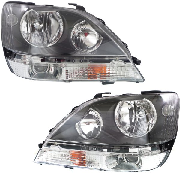 Headlight Assembly Pair/Set for Lexus RX300 1999-2000, Right (Passenger) and Left (Driver), Halogen, Black Interior, Replacement
