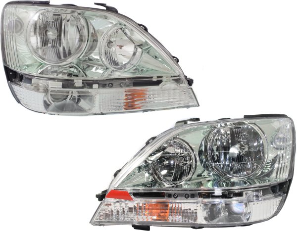 Headlight Assembly Pair/Set for Lexus RX300 2001-2003, Right (Passenger) and Left (Driver), Halogen, Chrome Interior, Replacement