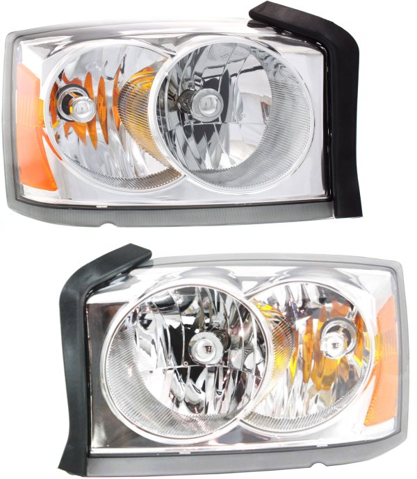 Headlight Assembly Pair/Set for 2005-2007 Dakota, Right (Passenger) and Left (Driver), Halogen with Chrome Interior, Includes Corner Light Bulb Shield, Replacement