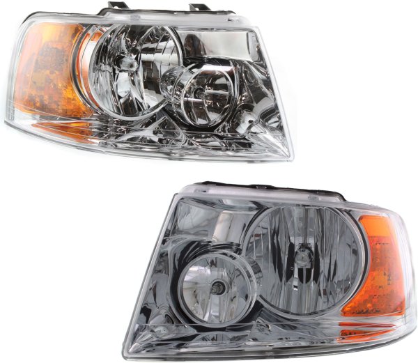 Headlight Assembly Pair/Set for Ford Expedition 2003-2006, Right (Passenger) and Left (Driver), Halogen, Chrome Interior, Replacement