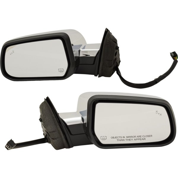 Mirror Pair/Set for Chevrolet Equinox 2016-2017, GMC Terrain 2015-2017, Right (Passenger) and Left (Driver), Power, Manual Folding, Heated, Chrome, with Blind Spot Detection in Glass and Memory, without Auto Dimming and Signal Light - Replacement