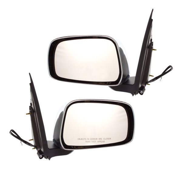 Power Mirror Pair/Set for 2005-2010 Nissan Frontier Extended Cab, LE Model - Right (Passenger) and Left (Driver), Manual Folding, Non-Heated, Chrome Cap with Black Base, Replacement