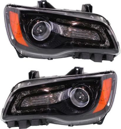 Headlight Assembly Pair/Set for 2012-2014 Chrysler 300, Halogen, with Black Bezel, Includes Right (Passenger) and Left (Driver) Side, Replacement