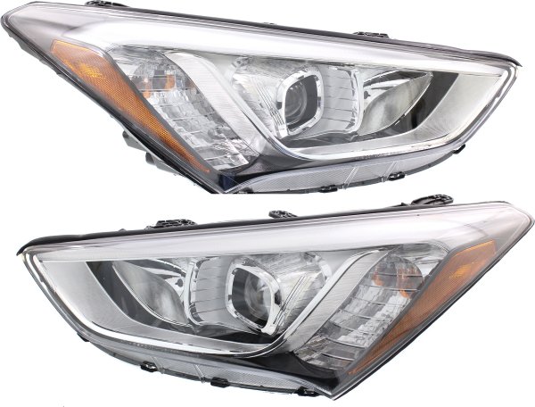 Headlight Assembly Pair/Set for Hyundai Santa Fe 2013-2016, Right (Passenger) and Left (Driver), Halogen Replacement