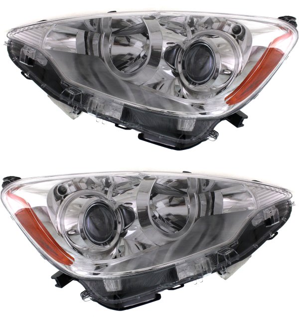 Headlight Assembly Pair/Set for Toyota Prius C 2012-2014, Right (Passenger) and Left (Driver), Halogen, Replacement