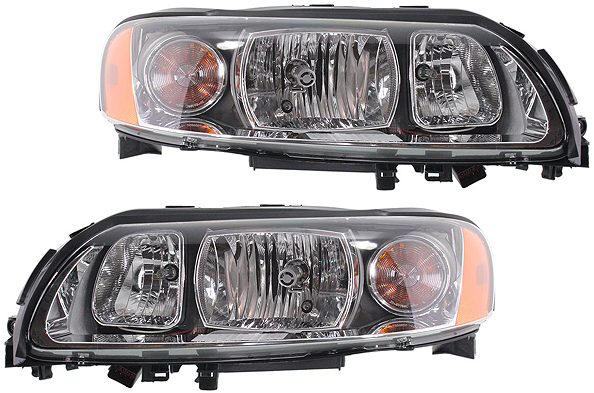 Headlight Assembly Pair/Set for Volvo V70 2005-2007, Includes Right (Passenger) and Left (Driver) Halogen Lights, Replacement